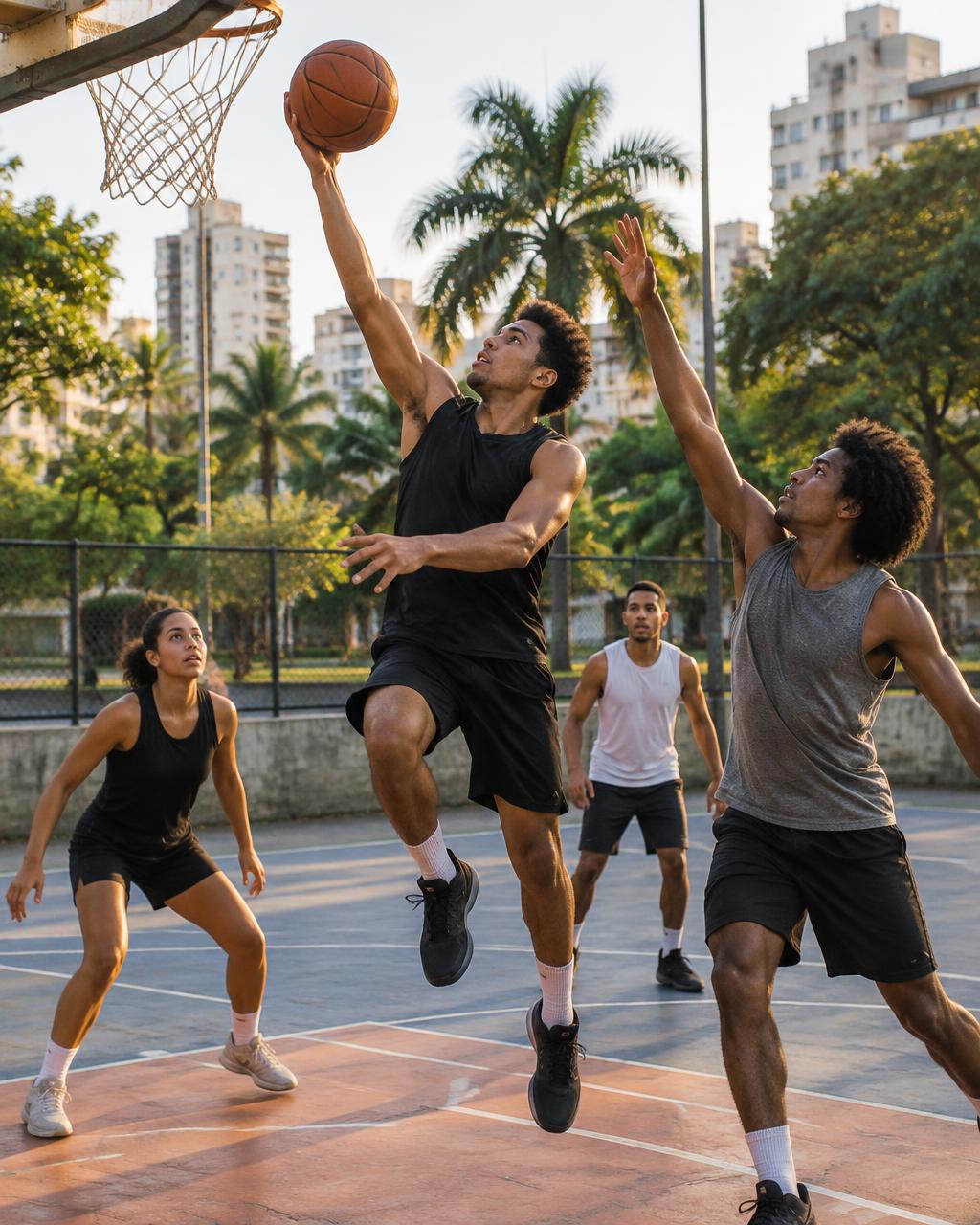 Cena ilustrativa de atletas jogando basquete em quadra urbana no Brasil